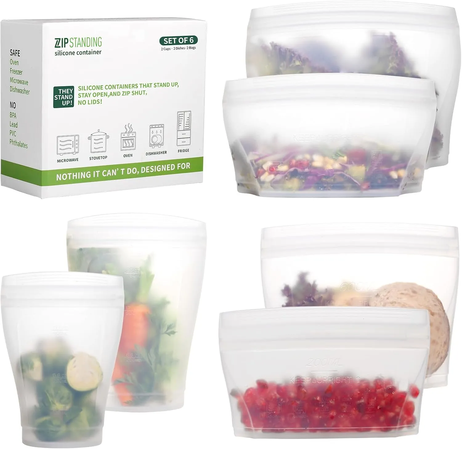 Reusable food container, silicone bag, 6 Pcs Zip Containers Can be used for fruit and vegetable snacks, etc. Microwave Dishwasher and Freezer Usable (white)