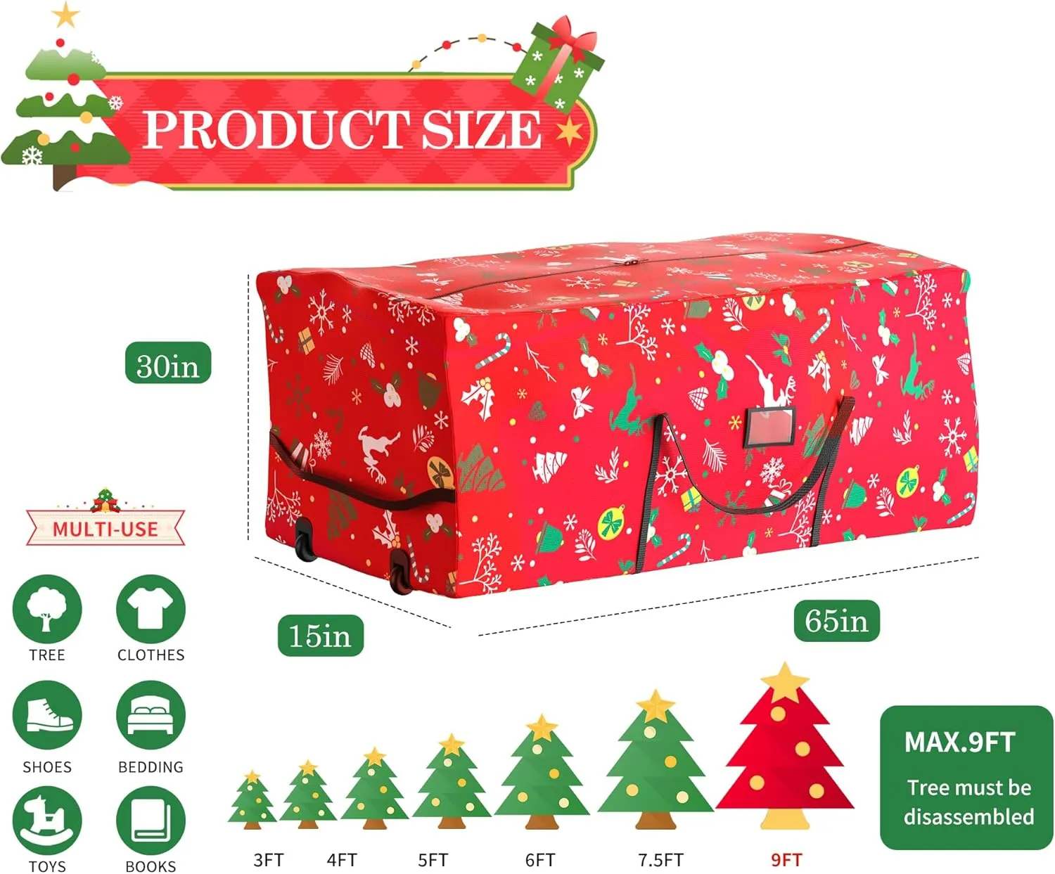 Rolling Christmas Tree Storage Bag - 9 Ft Xmas Tree Storage Bag for Artificial Trees，600D Waterproof Oxford，Dual Zippered with Durable Wheels & Handles, Dolly-Style Duffle Xmas Storage Container