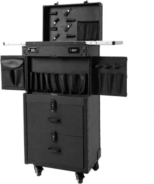 Rolling Lockable Makeup Train Case 4 Tier Rolling Makeup Train Case Beauty Salon Luggage Beauty Salon Cosmetic Travel Case Travel Organizer Tool Box with Hair Dryer Holder/Locks/4 Wheels (Black)