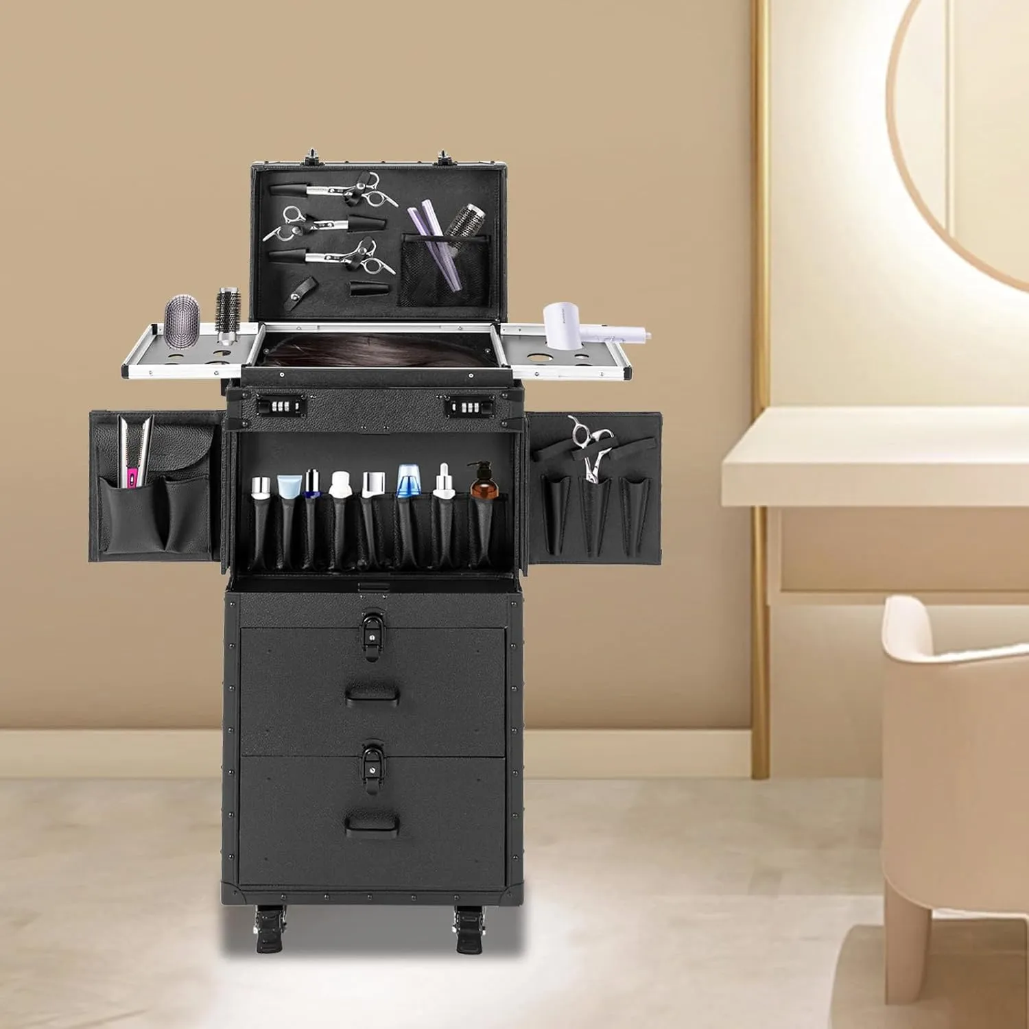 Rolling Lockable Makeup Train Case 4 Tier Rolling Makeup Train Case Beauty Salon Luggage Beauty Salon Cosmetic Travel Case Travel Organizer Tool Box with Hair Dryer Holder/Locks/4 Wheels (Black)
