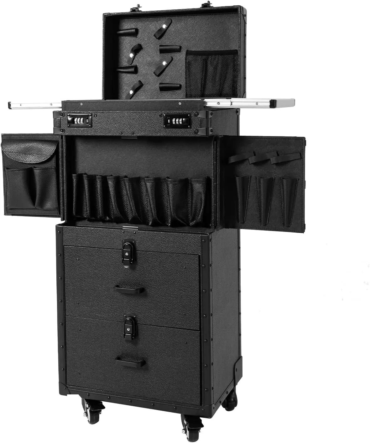 Rolling Lockable Makeup Train Case 4 Tier Rolling Makeup Train Case Beauty Salon Luggage Beauty Salon Cosmetic Travel Case Travel Organizer Tool Box with Hair Dryer Holder/Locks/4 Wheels (Black)