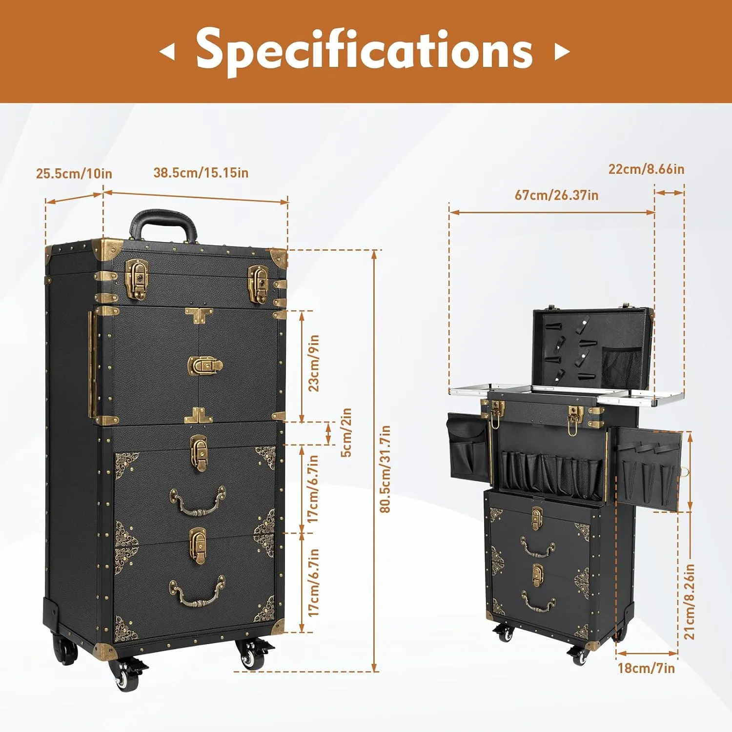 Rolling Lockable Makeup Train Case, Cosmetology Case on Wheels Hairstylist Traveling Bag with Hairdryer Holder, Salon Storage Toolbox with Carry Handle and Trolley, 15.15*10*31.7in(Black)