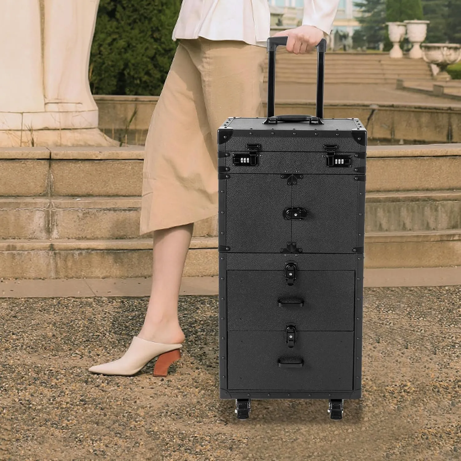 Rolling Lockable Makeup Train Case, Cosmetology Case on Wheels Hairstylist Traveling Bag with Hairdryer Holder, Salon Storage Toolbox with Carry Handle and Trolley (Pure Black)