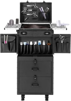 Rolling Lockable Makeup Train Case, Cosmetology Case on Wheels Hairstylist Traveling Bag with Hairdryer Holder, Salon Storage Toolbox with Carry Handle and Trolley (Pure Black)