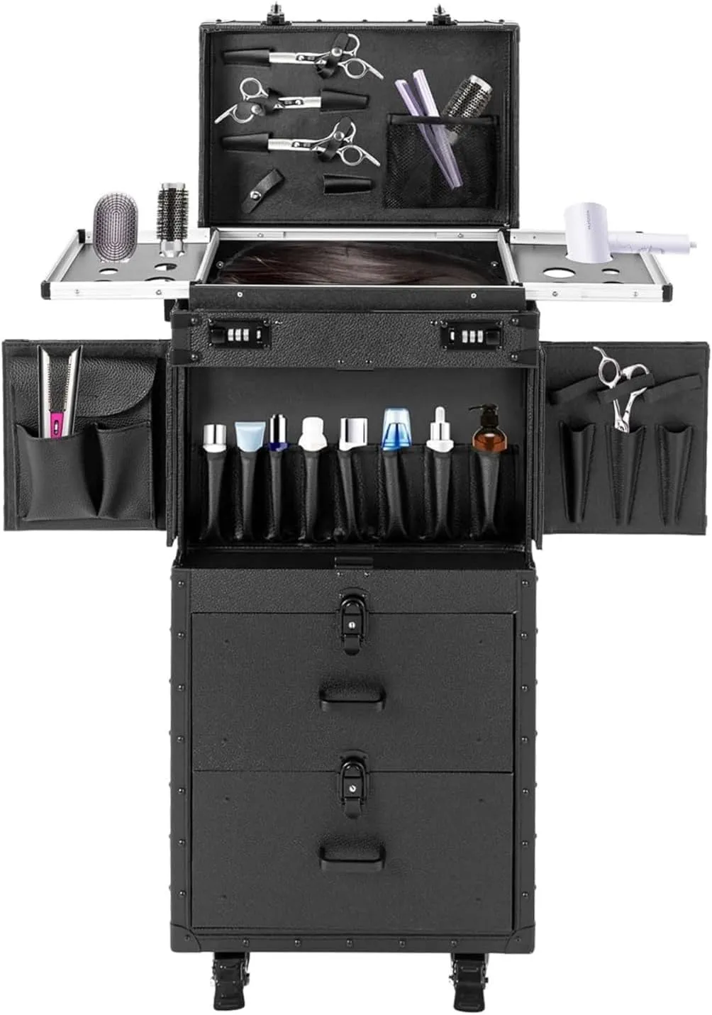 Rolling Lockable Makeup Train Case, Cosmetology Case on Wheels Hairstylist Traveling Bag with Hairdryer Holder, Salon Storage Toolbox with Carry Handle and Trolley (Pure Black)