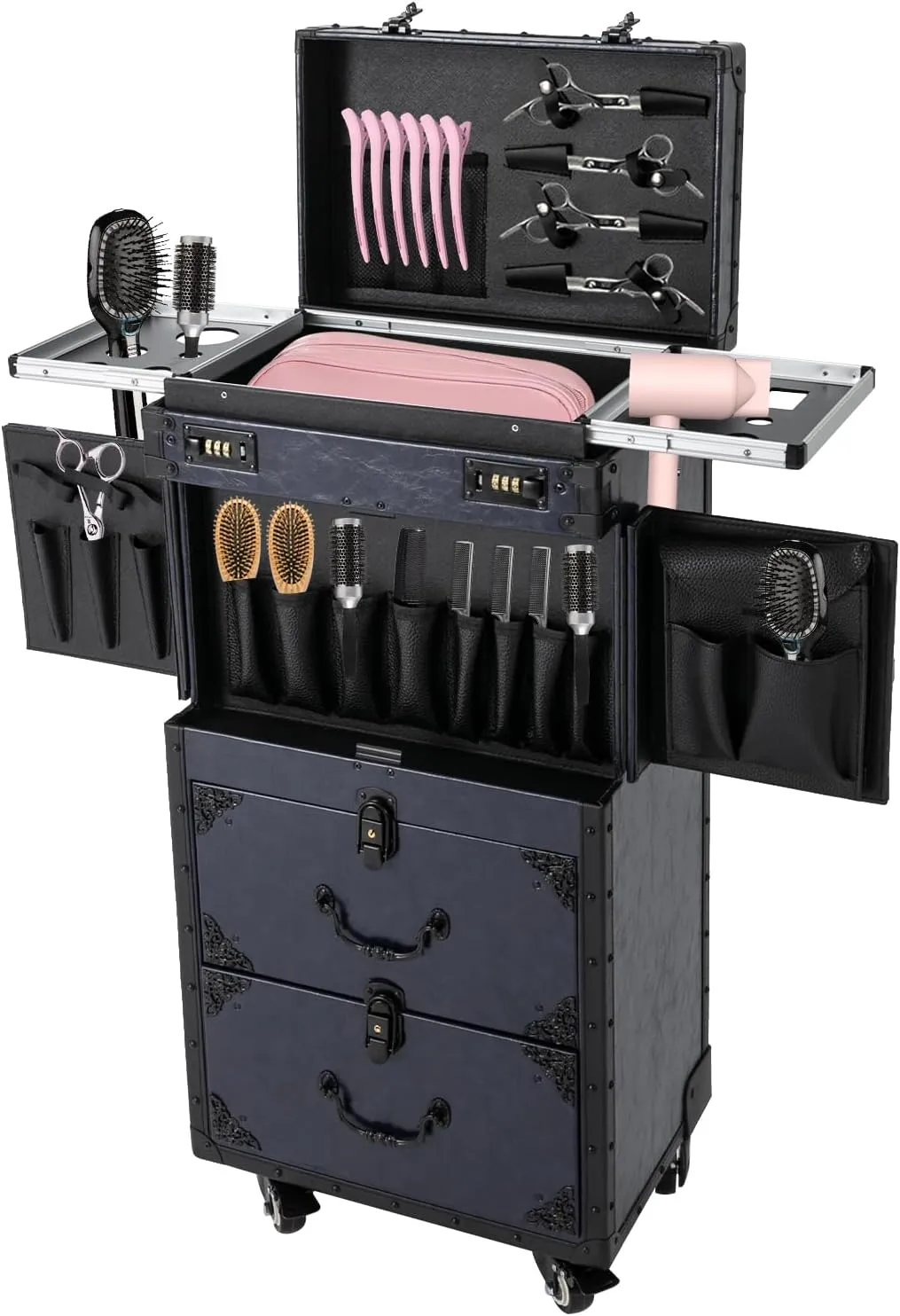 Rolling Lockable Train Cosmetic Case, Extra Large Trolley Makeup Travel Organizer Cosmetology Kit Professional Beauty Salon Luggage Hairdressing Trolley Travel Tool Box (Blue)