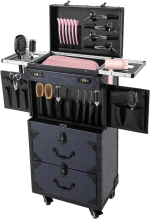 Rolling Lockable Train Cosmetic Case, Extra Large Trolley Makeup Travel Organizer Cosmetology Kit Professional Beauty Salon Luggage Hairdressing Trolley Travel Tool Box (Blue)
