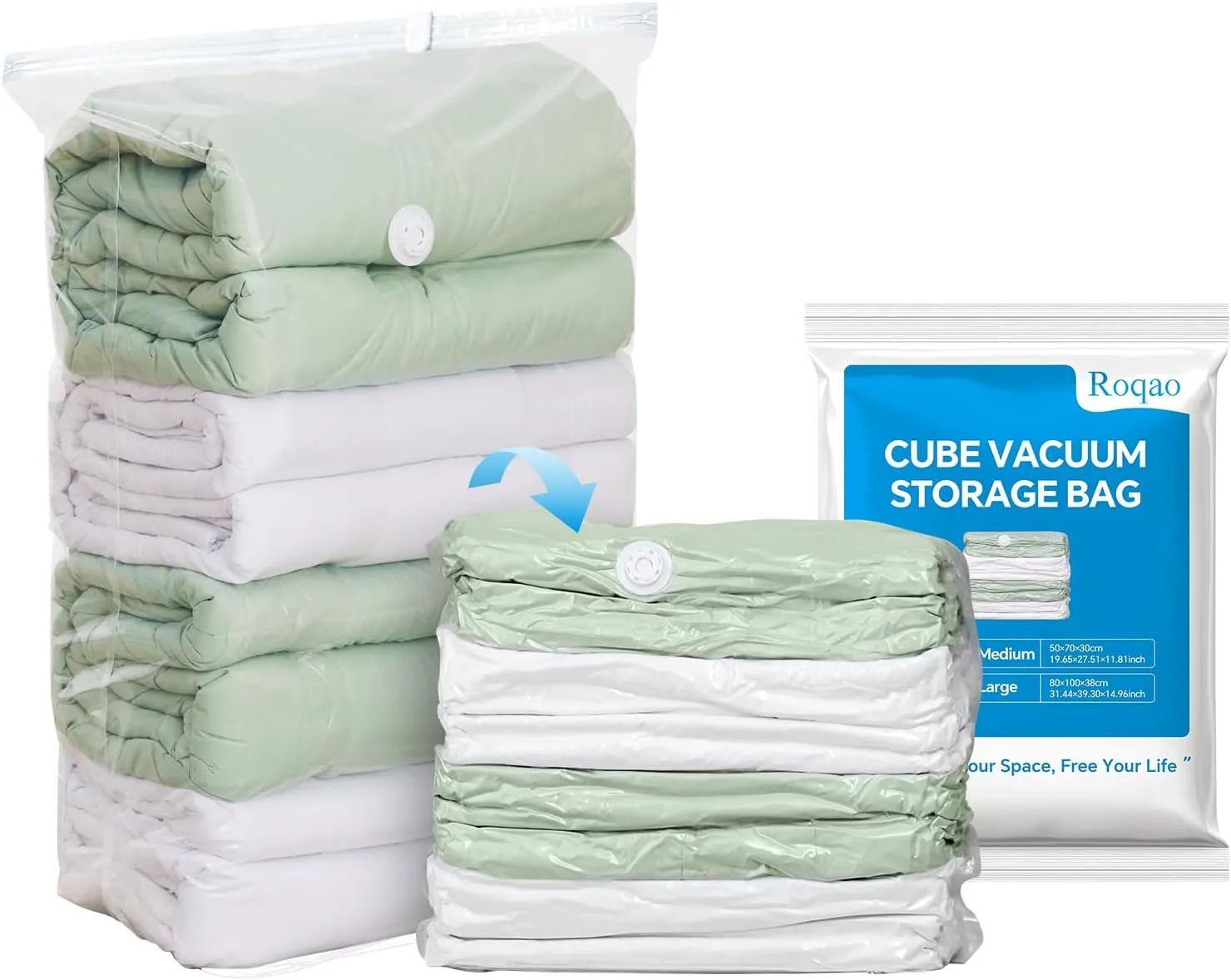 ‌Roqao Cube Vacuum Storage Bags, Vacuum Seal Bags for Clothing, Blankets, Bedding, Space Saver Vaccine Sealed Storage Bags, Airtight Packing Cubes for Travel, Seasonal Storage (5-Pack Large)