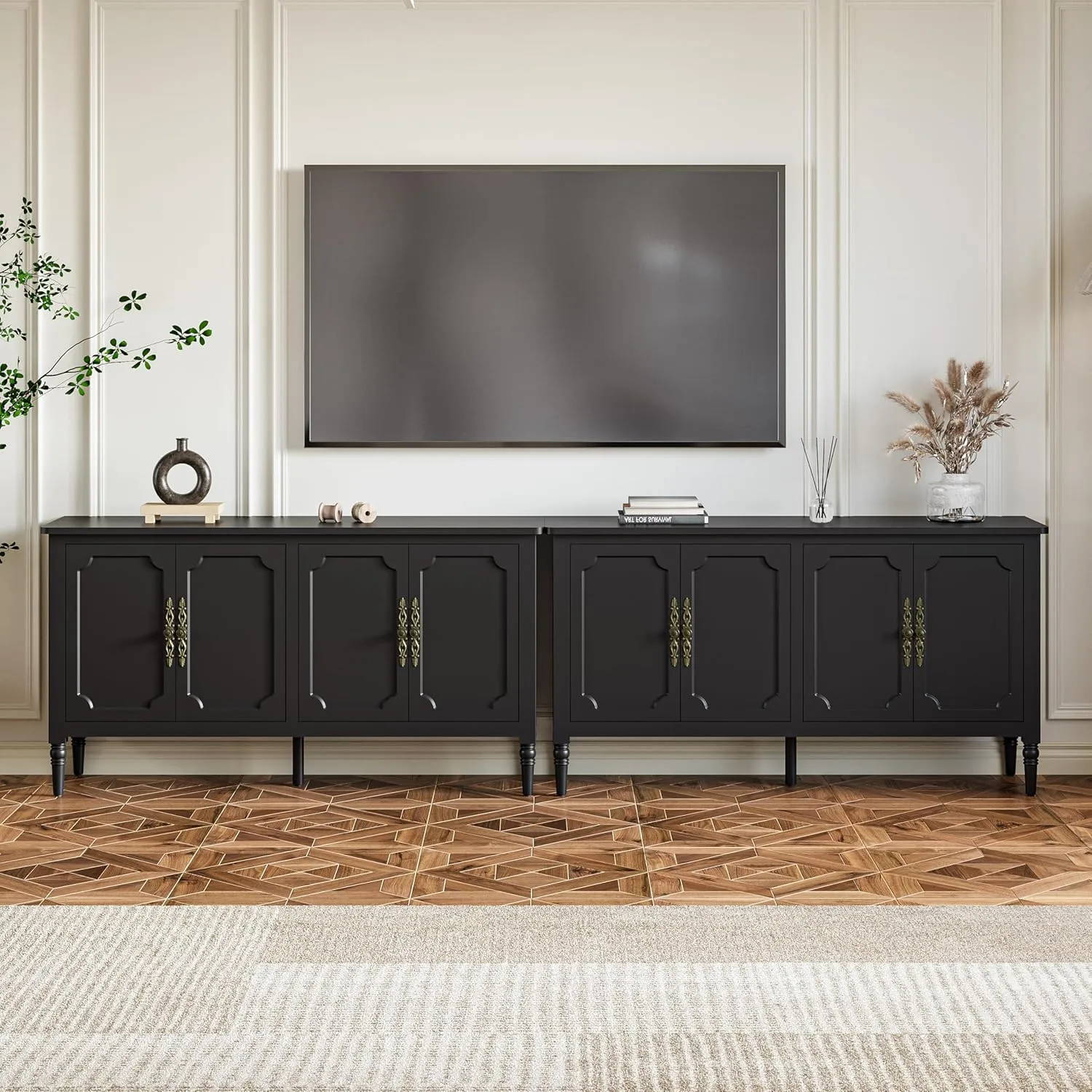 RoyalCraft Buffet Sideboard Table Set of 2, 59'' Mid Century Modern Console Table, Media Cabinet with 4 Doors, Accent Cabinet Wood Sideboard, for Entryway, Living Room, Dining Room, Satin Black