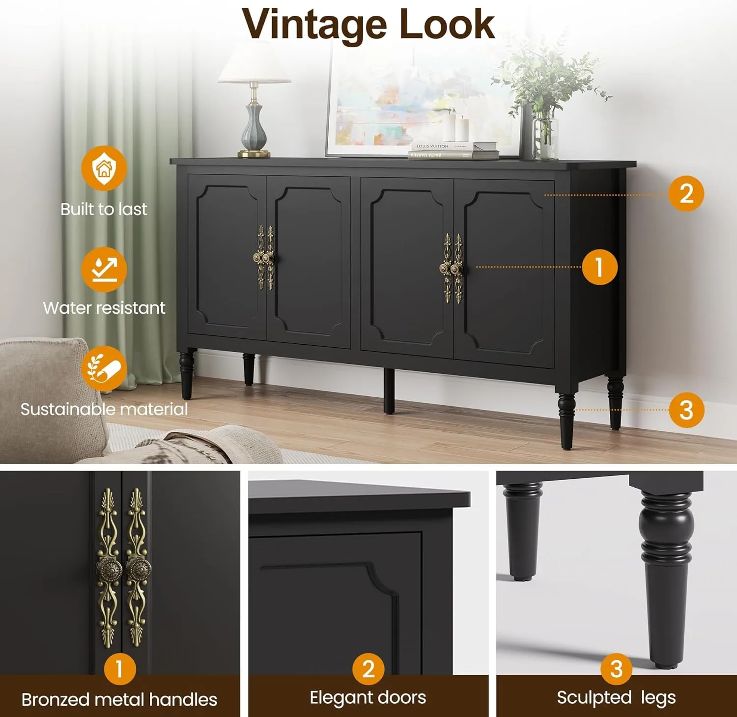 RoyalCraft Buffet Sideboard Table Set of 2, 59'' Mid Century Modern Console Table, Media Cabinet with 4 Doors, Accent Cabinet Wood Sideboard, for Entryway, Living Room, Dining Room, Satin Black