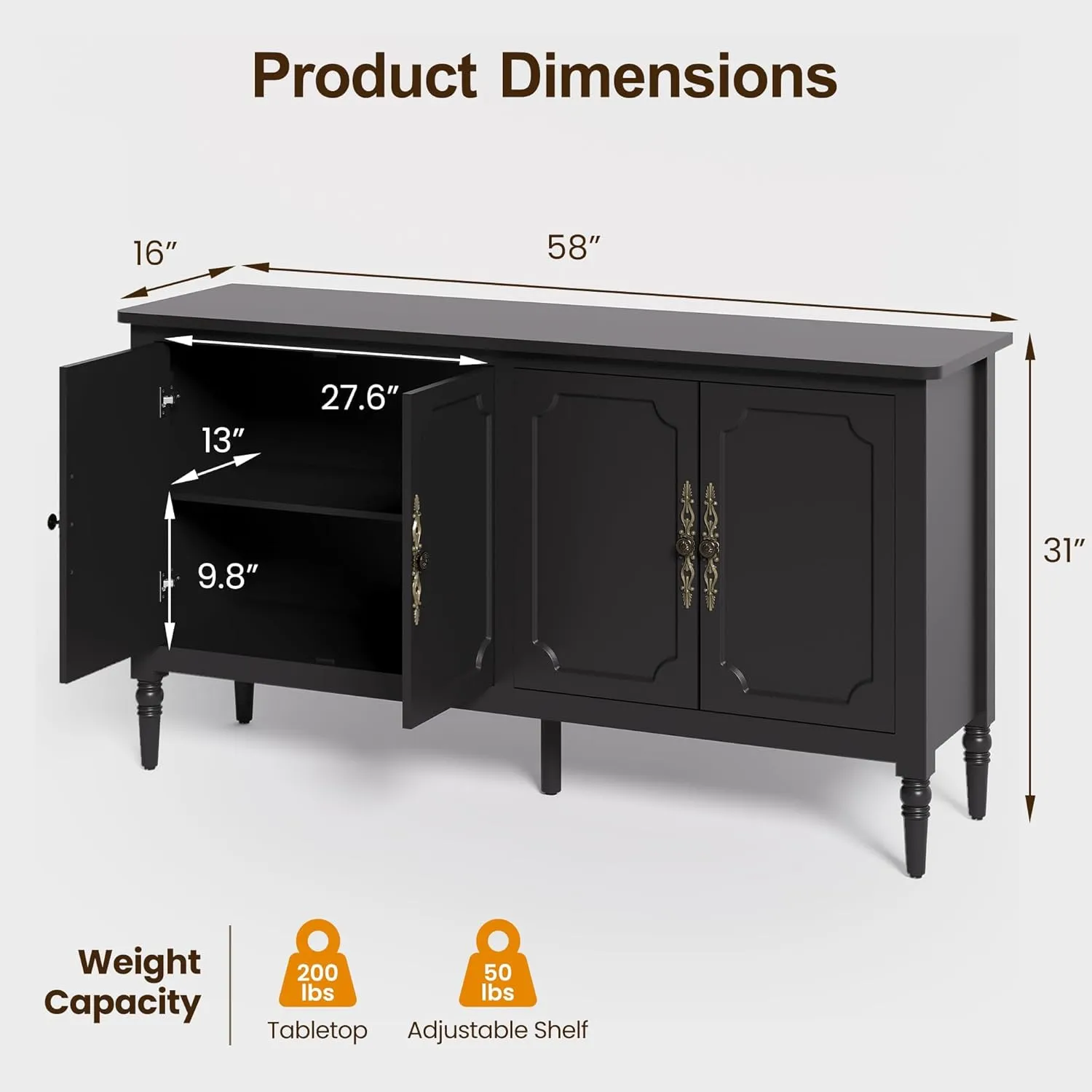 RoyalCraft Buffet Sideboard Table Set of 2, 59'' Mid Century Modern Console Table, Media Cabinet with 4 Doors, Accent Cabinet Wood Sideboard, for Entryway, Living Room, Dining Room, Satin Black