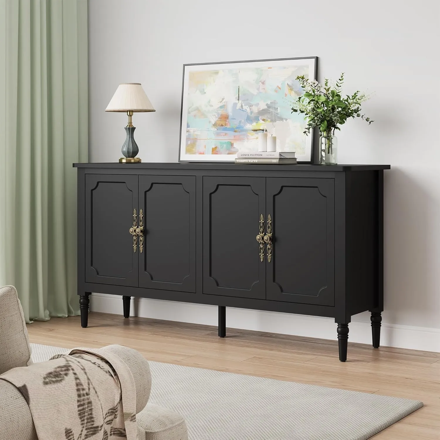 RoyalCraft Buffet Sideboard Table Set of 2, 59'' Mid Century Modern Console Table, Media Cabinet with 4 Doors, Accent Cabinet Wood Sideboard, for Entryway, Living Room, Dining Room, Satin Black