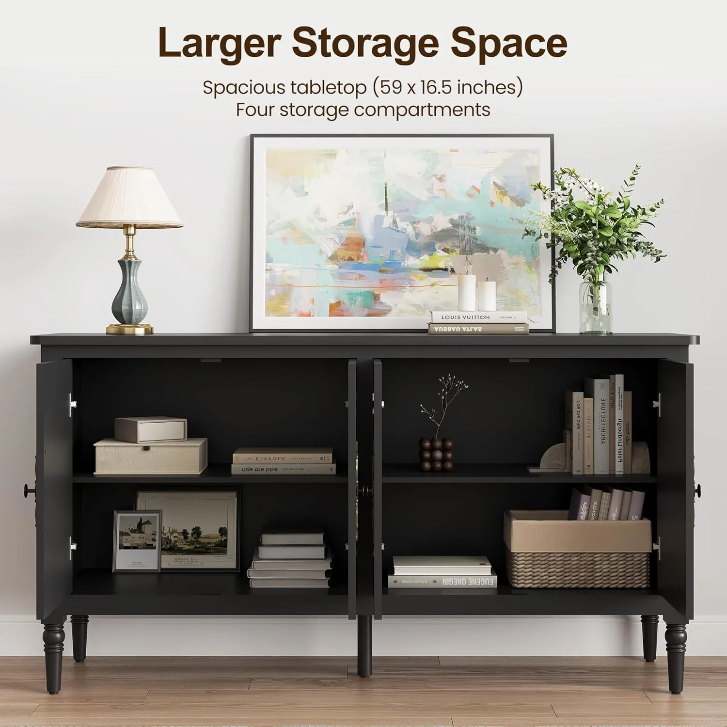 RoyalCraft Buffet Sideboard Table Set of 2, 59'' Mid Century Modern Console Table, Media Cabinet with 4 Doors, Accent Cabinet Wood Sideboard, for Entryway, Living Room, Dining Room, Satin Black