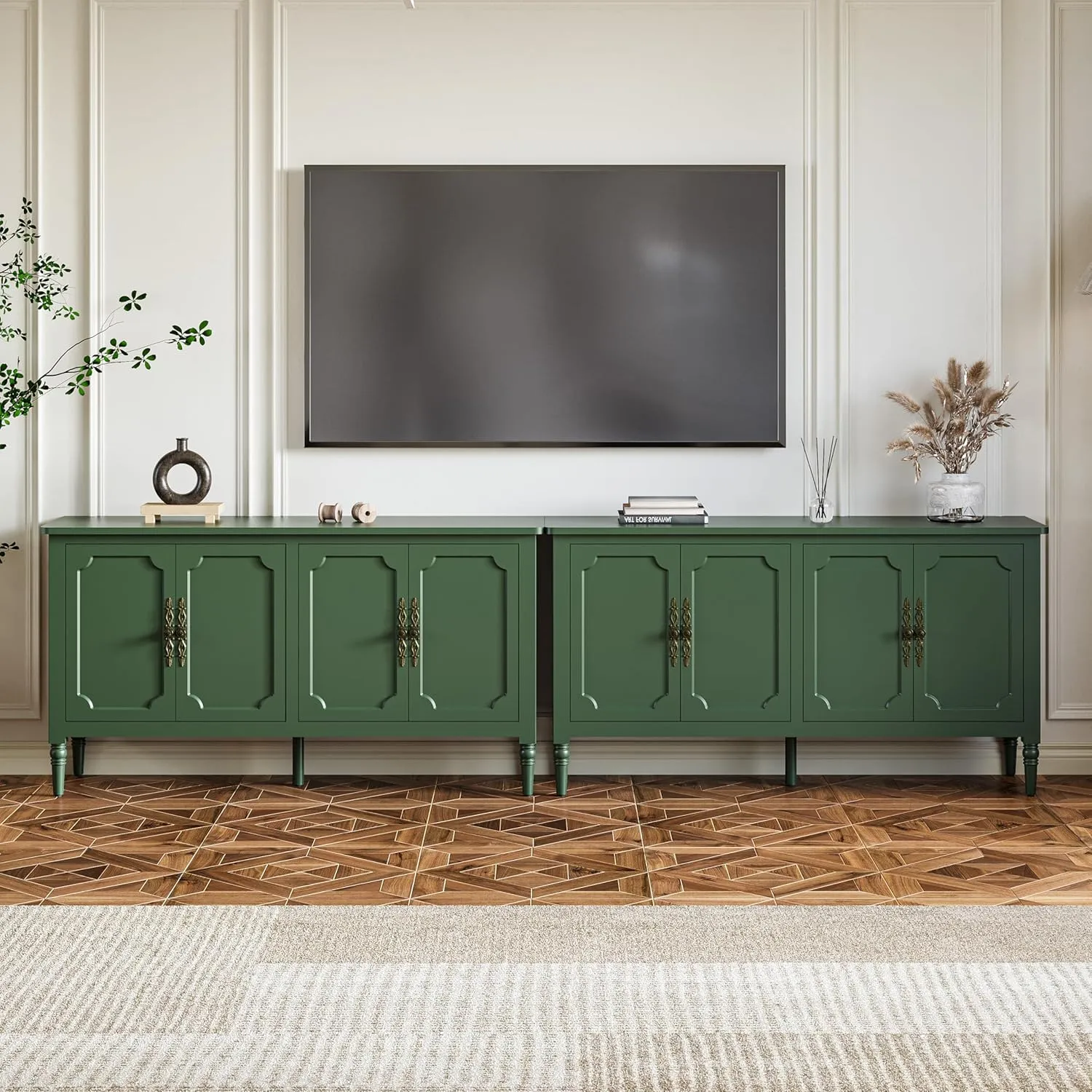 RoyalCraft Modern Buffet Sideboard Set of 2, 58'' Mid Century Modern Console Table, Media Credenza Cabinet with 4 Doors, Accent Cabinet for Entryway, Living Room, Dining Room, Forest Green