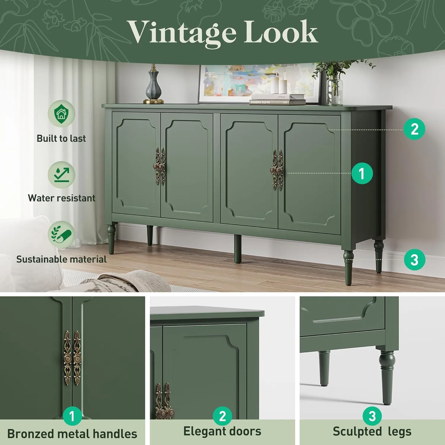 RoyalCraft Modern Buffet Sideboard Set of 2, 58'' Mid Century Modern Console Table, Media Credenza Cabinet with 4 Doors, Accent Cabinet for Entryway, Living Room, Dining Room, Forest Green