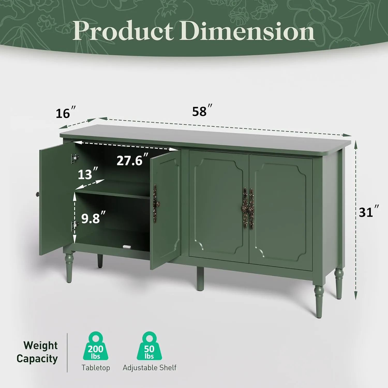 RoyalCraft Modern Buffet Sideboard Set of 2, 58'' Mid Century Modern Console Table, Media Credenza Cabinet with 4 Doors, Accent Cabinet for Entryway, Living Room, Dining Room, Forest Green