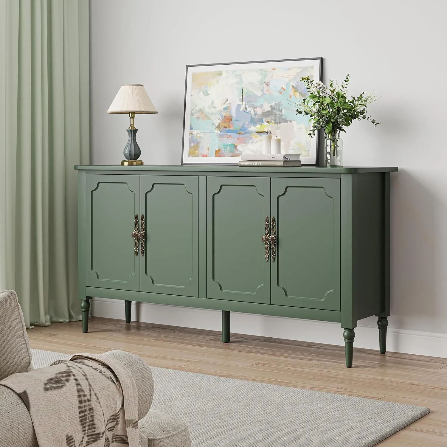 RoyalCraft Modern Buffet Sideboard Set of 2, 58'' Mid Century Modern Console Table, Media Credenza Cabinet with 4 Doors, Accent Cabinet for Entryway, Living Room, Dining Room, Forest Green