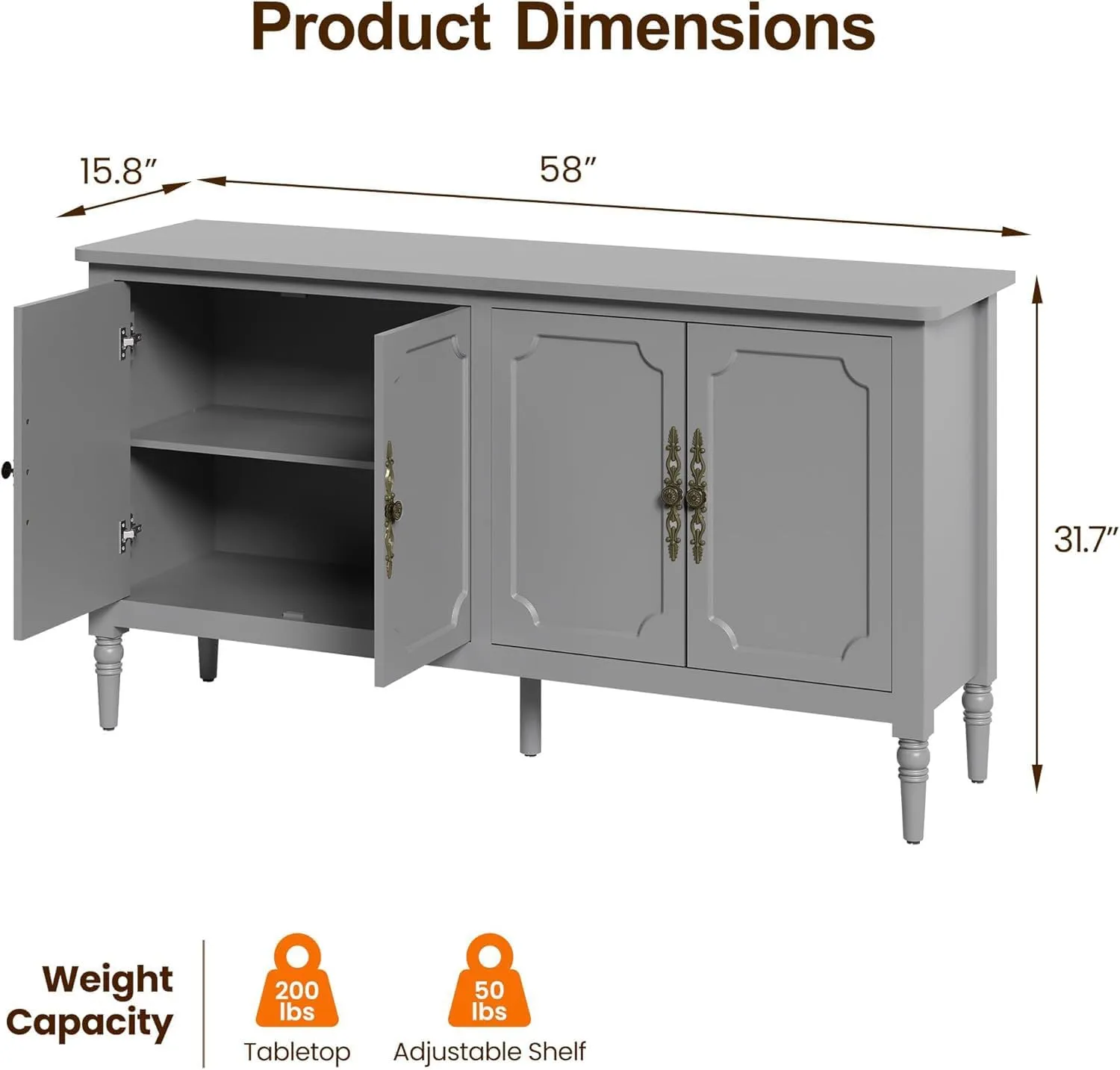 RoyalCraft Sideboard Buffet Cabinet with Storage: 58'' Mid Century Modern Credenza with Solid Wood Legs, Accent Media Console Cabinet with 4 Doors for Entryway, Kitchen, Living Room, Dove Gray