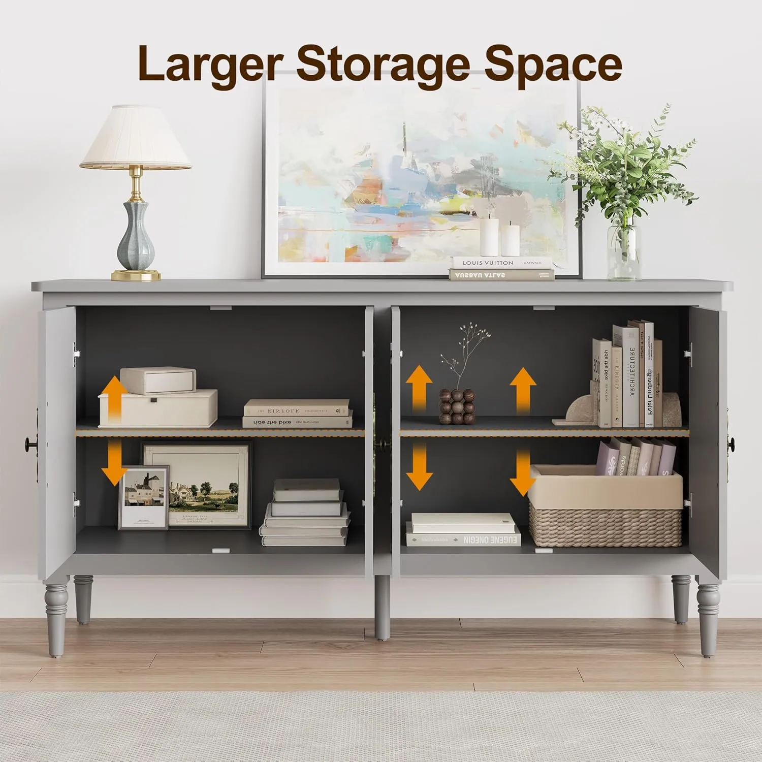 RoyalCraft Sideboard Buffet Cabinet with Storage: 58'' Mid Century Modern Credenza with Solid Wood Legs, Accent Media Console Cabinet with 4 Doors for Entryway, Kitchen, Living Room, Dove Gray