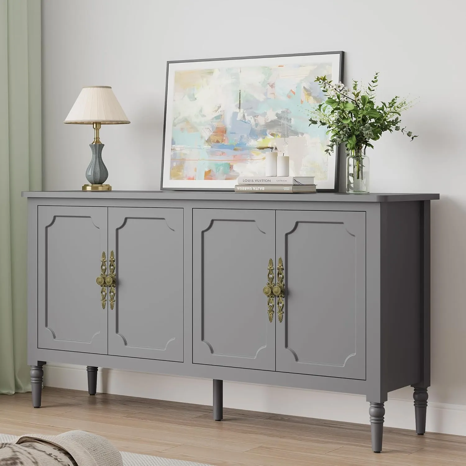 RoyalCraft Sideboard Buffet Cabinet with Storage: 58'' Mid Century Modern Credenza with Solid Wood Legs, Accent Media Console Cabinet with 4 Doors for Entryway, Kitchen, Living Room, Dove Gray