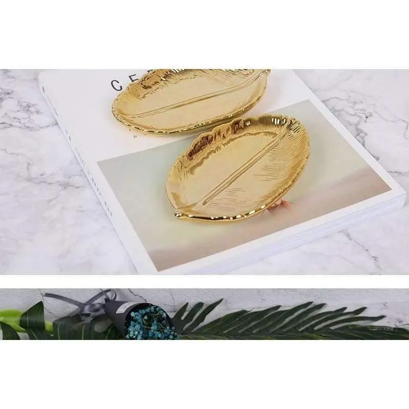 Rynx | Golden Leaf Ceramic Storage Plate Jewelry Fruit Serving Tray Decorative Ornaments Living Room Table Organization Home