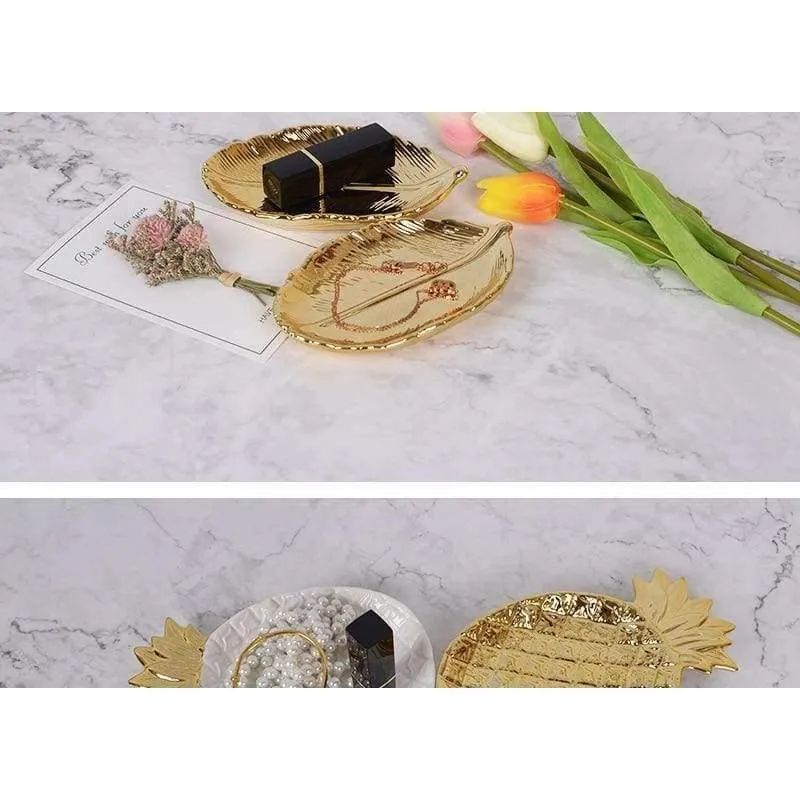 Rynx | Golden Leaf Ceramic Storage Plate Jewelry Fruit Serving Tray Decorative Ornaments Living Room Table Organization Home