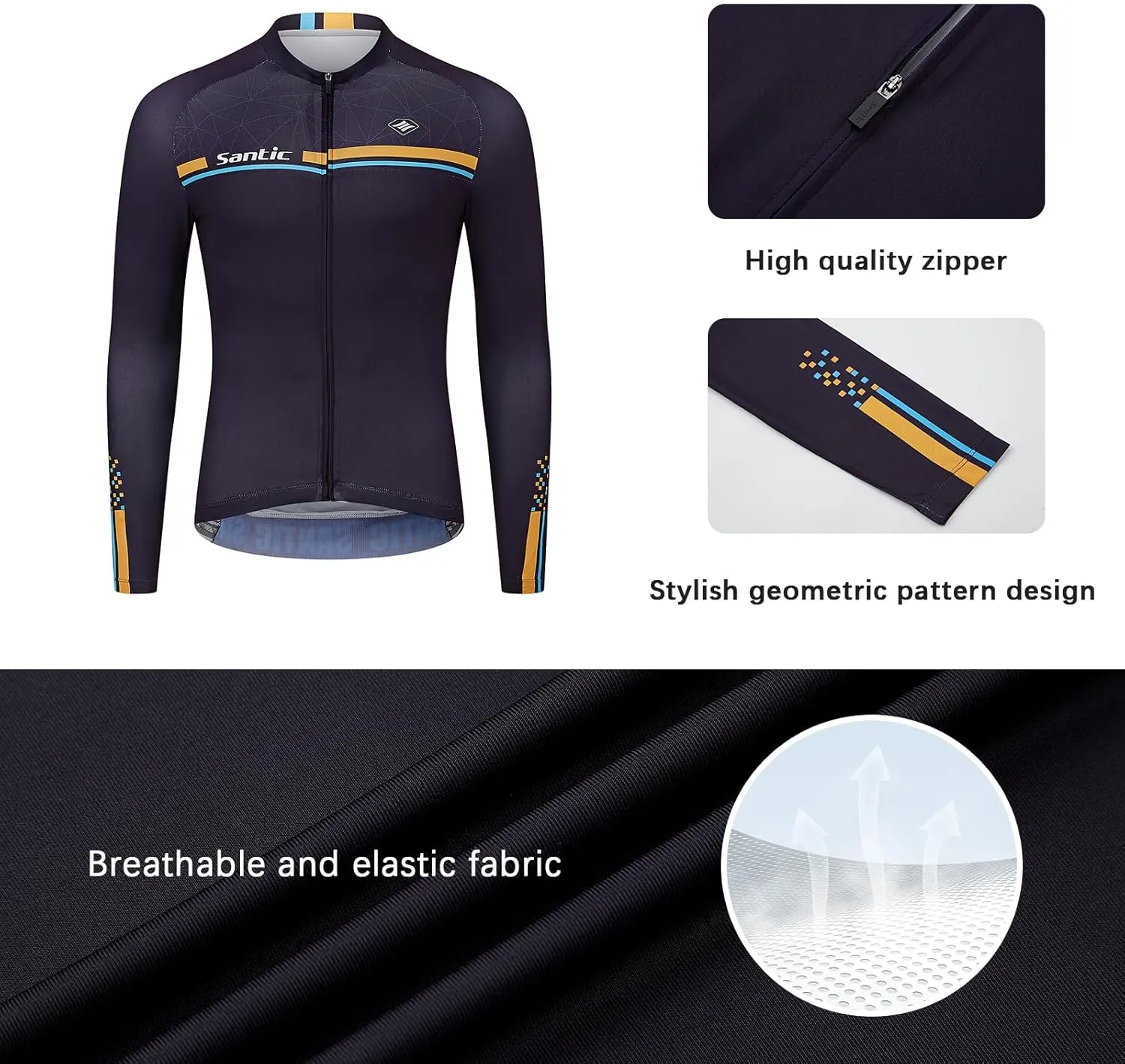 Santic Cycling Jersey Men's Long Sleeve Bike Reflective Full Zip Bicycle Shirts with Pockets