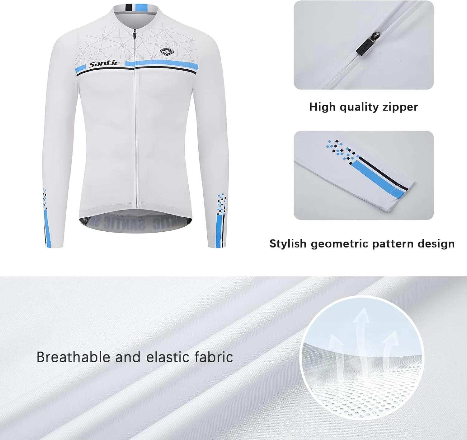 Santic Cycling Jersey Men's Long Sleeve Bike Reflective Full Zip Bicycle Shirts with Pockets