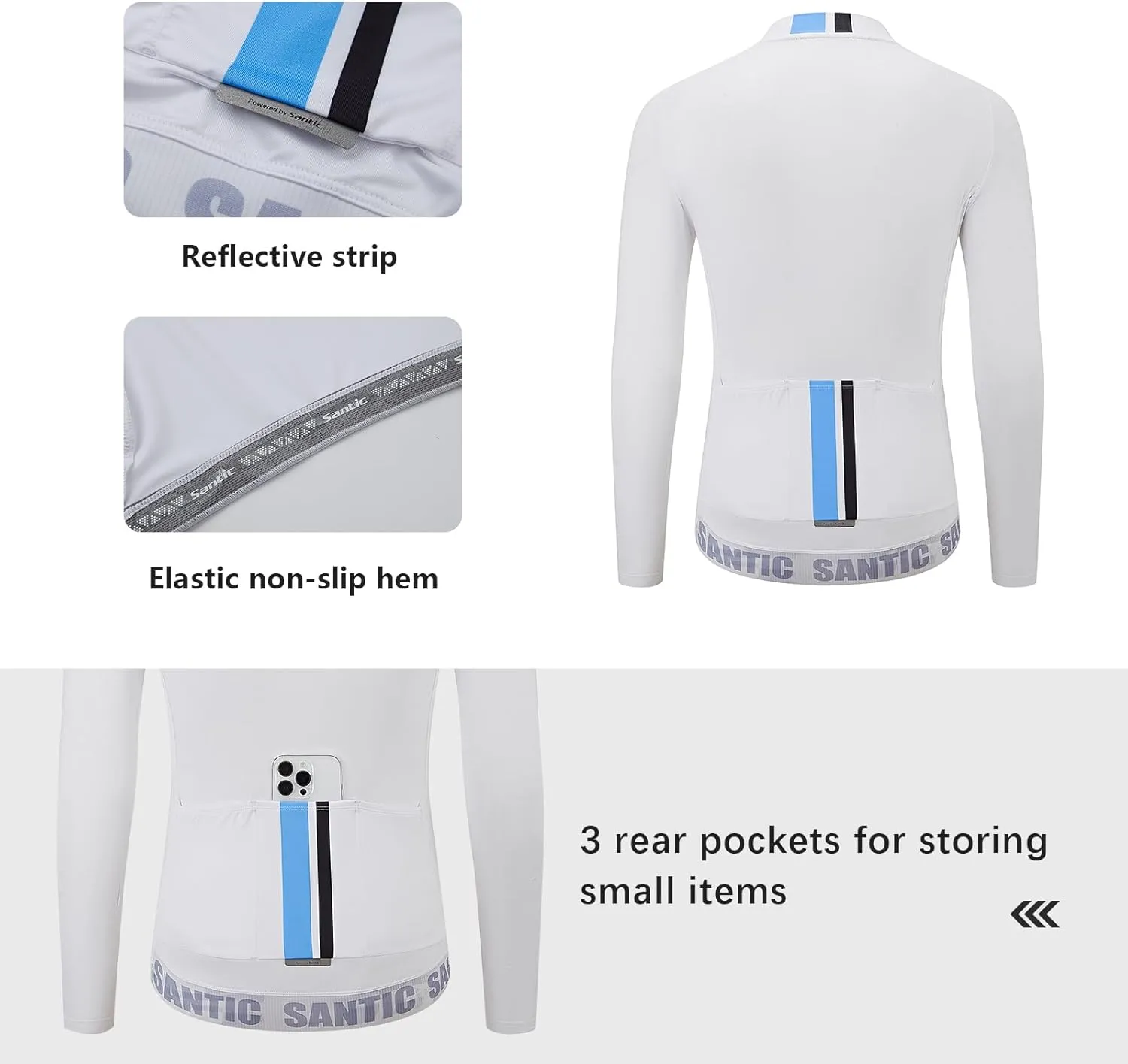 Santic Cycling Jersey Men's Long Sleeve Bike Reflective Full Zip Bicycle Shirts with Pockets