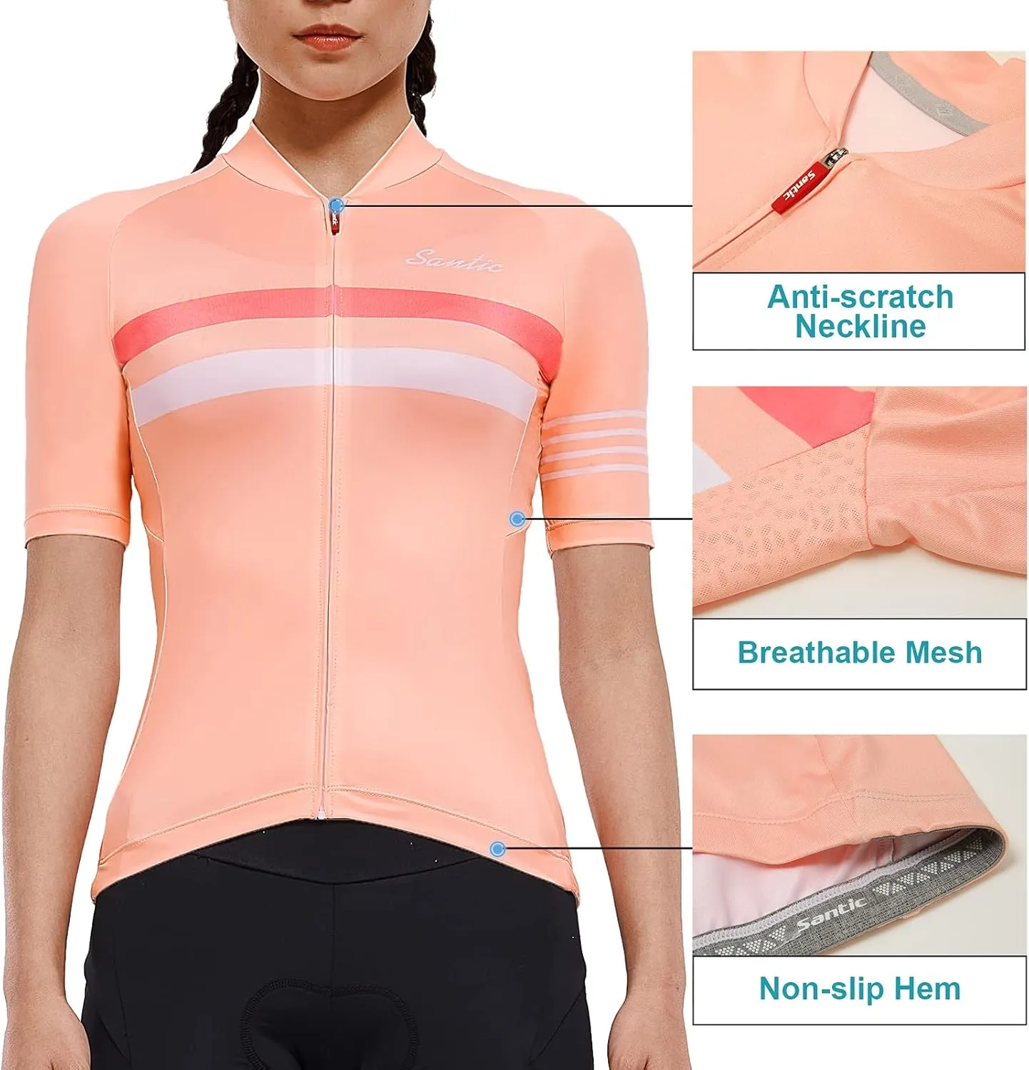 Santic Cycling Jersey Women's Shorts Sleeve Tops Bike Shirts Bicycle Jacket Full Zip with Pockets Andrea