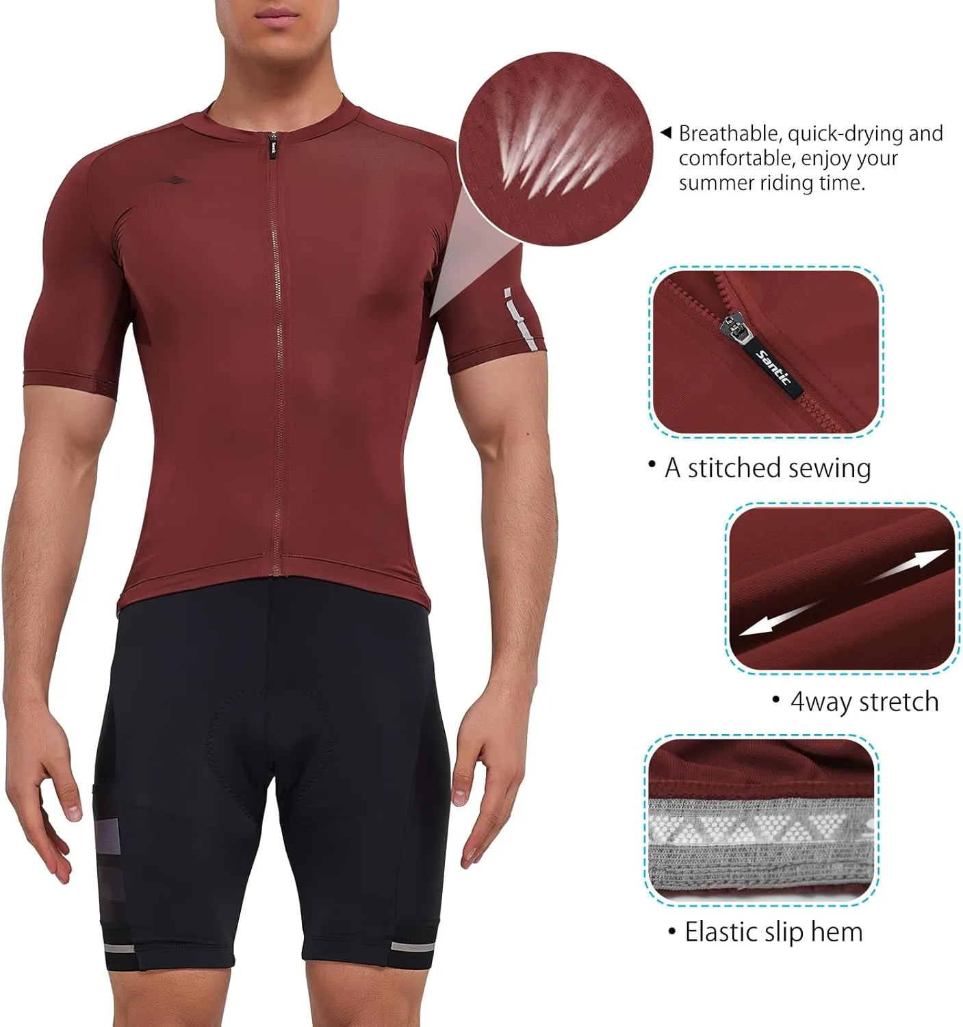 Santic Men's Cycling Jersey Short Sleeve Tops Pro Road Bike Shirt Full Zipper UPF 50  MTB Jersey with Pockets