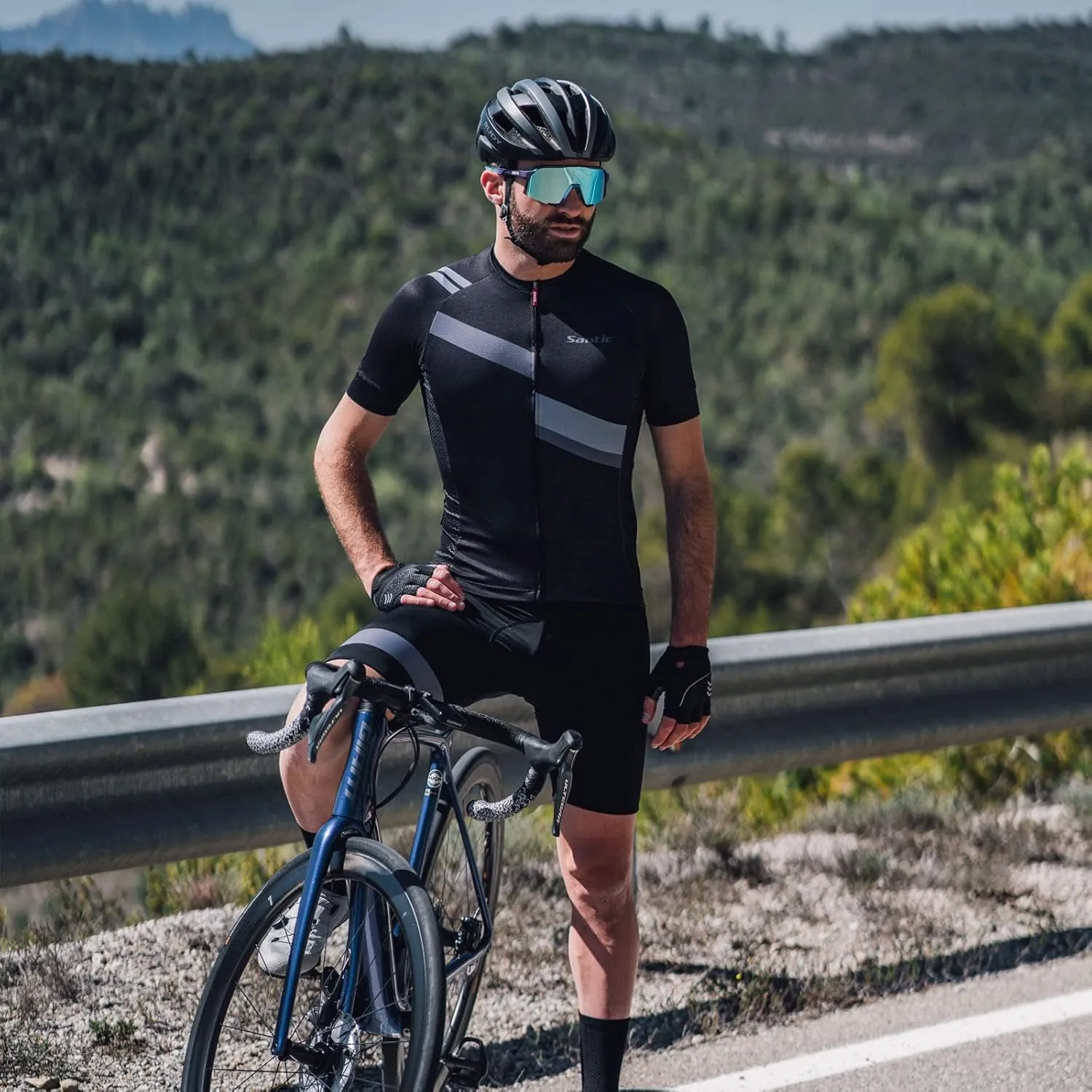 Santic Men's Cycling Jersey Shorts Sleeve Tops Pro Road Bike Bicycle Shirt Full Zip UPF 50  MTB Jersey with Pockets