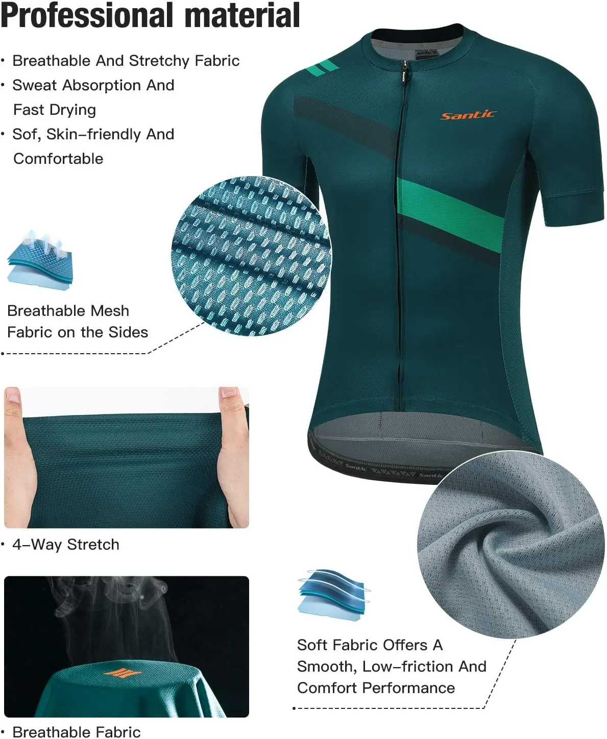 Santic Men's Cycling Jersey Shorts Sleeve Tops Pro Road Bike Bicycle Shirt Full Zip UPF 50  MTB Jersey with Pockets