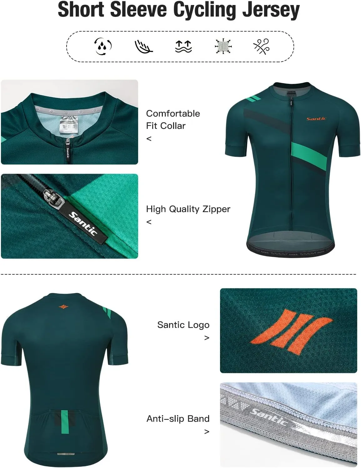 Santic Men's Cycling Jersey Shorts Sleeve Tops Pro Road Bike Bicycle Shirt Full Zip UPF 50  MTB Jersey with Pockets
