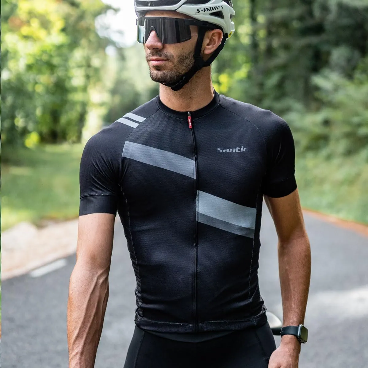Santic Men's Cycling Jersey Shorts Sleeve Tops Pro Road Bike Bicycle Shirt Full Zip UPF 50  MTB Jersey with Pockets