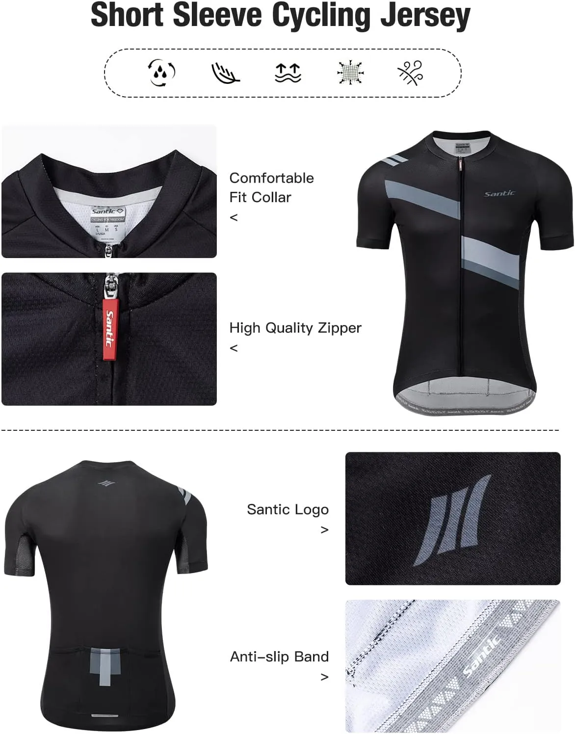 Santic Men's Cycling Jersey Shorts Sleeve Tops Pro Road Bike Bicycle Shirt Full Zip UPF 50  MTB Jersey with Pockets