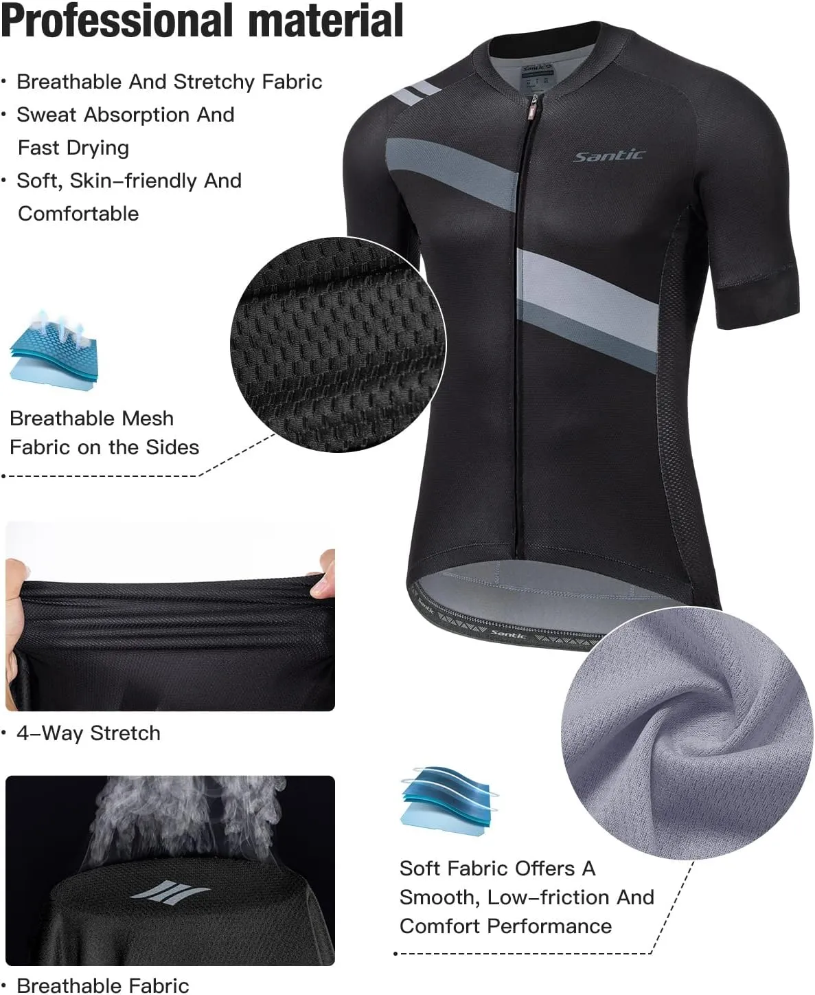 Santic Men's Cycling Jersey Shorts Sleeve Tops Pro Road Bike Bicycle Shirt Full Zip UPF 50  MTB Jersey with Pockets