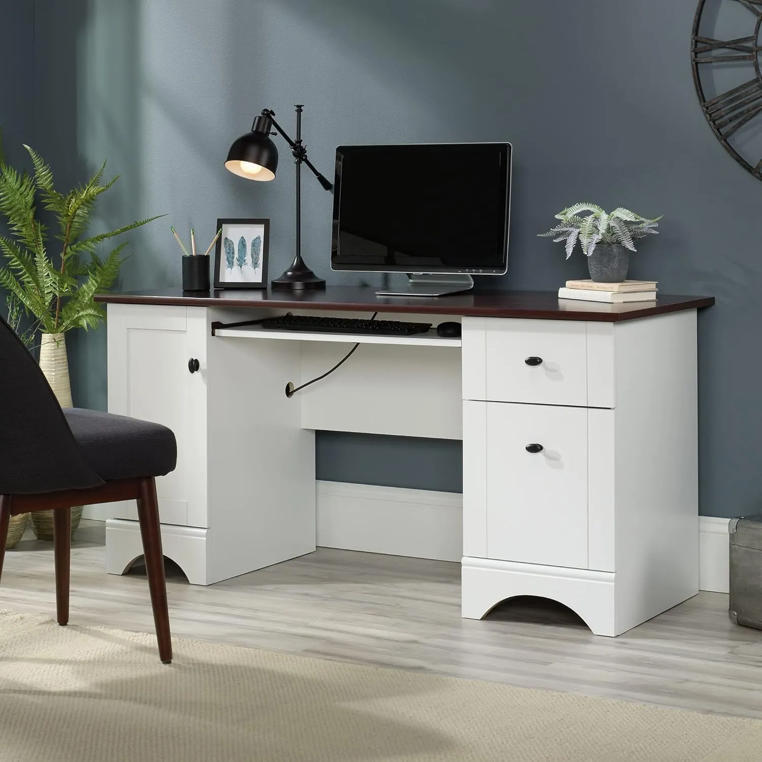 Sauder Miscellaneous Home Office Computer Desk with Cherry Accent Top, Soft White Finish