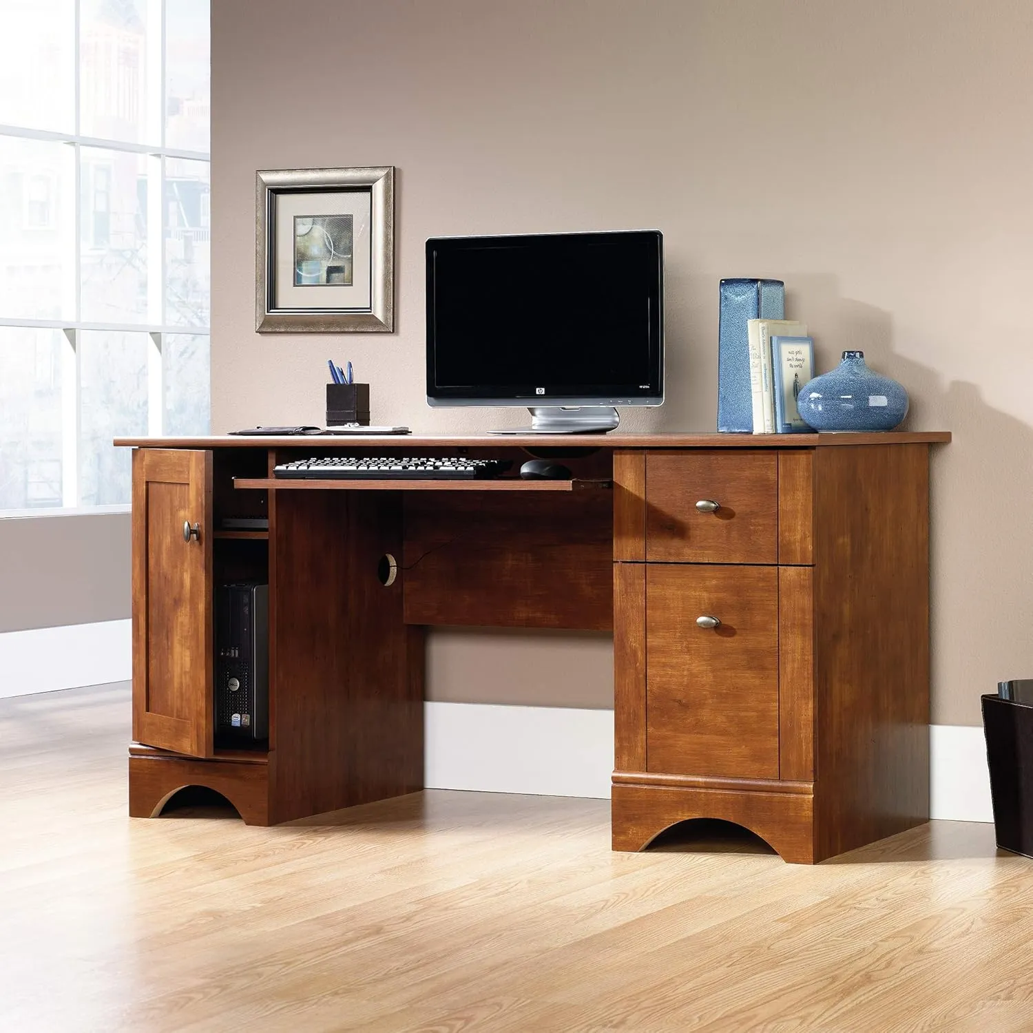 Sauder Miscellaneous Office Computer Desk, L: 59.45" x W: 23.47" x H: 29.02", Brushed Maple