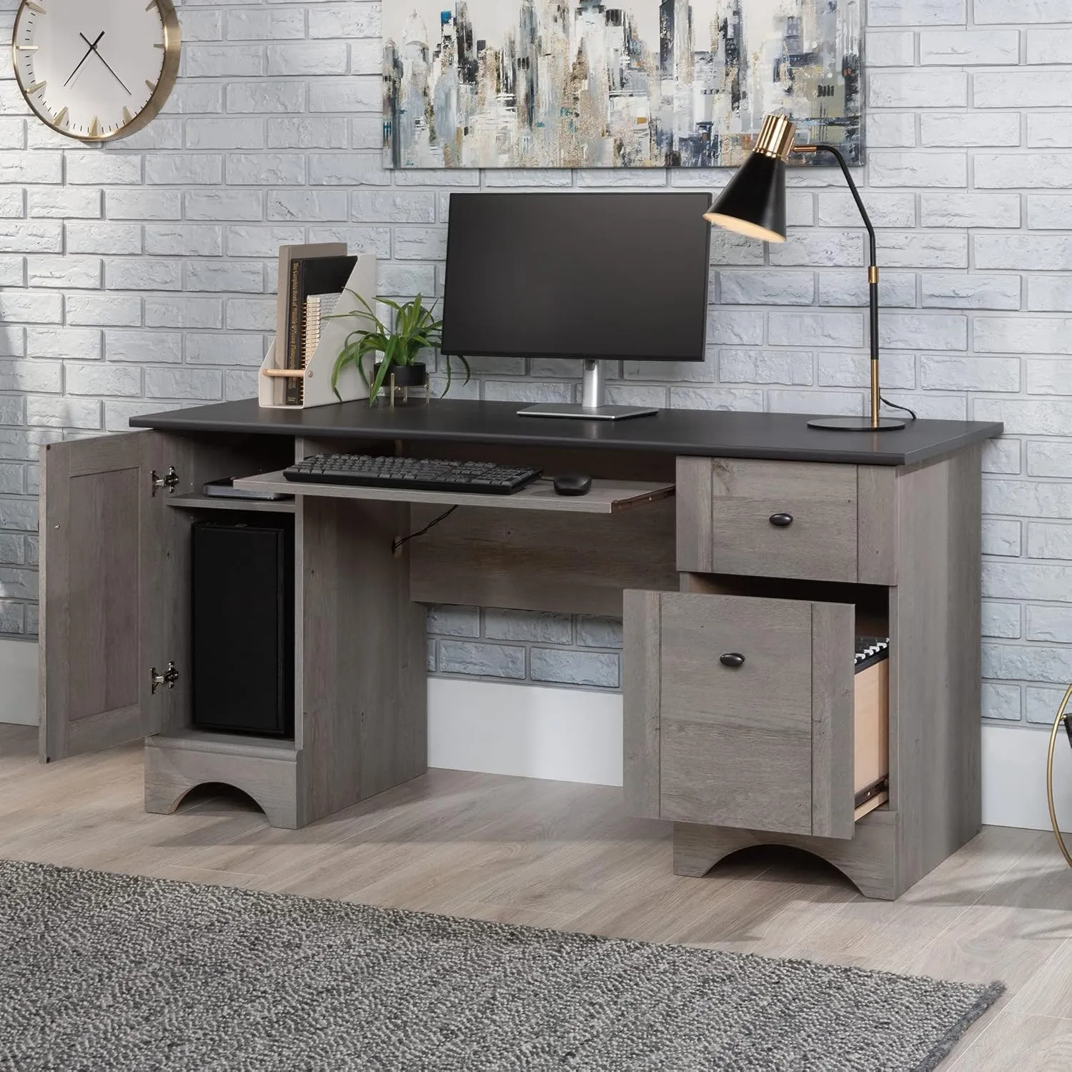 Sauder Miscellaneous Office Computer Desk with Drawers, Mystic Oak Finish