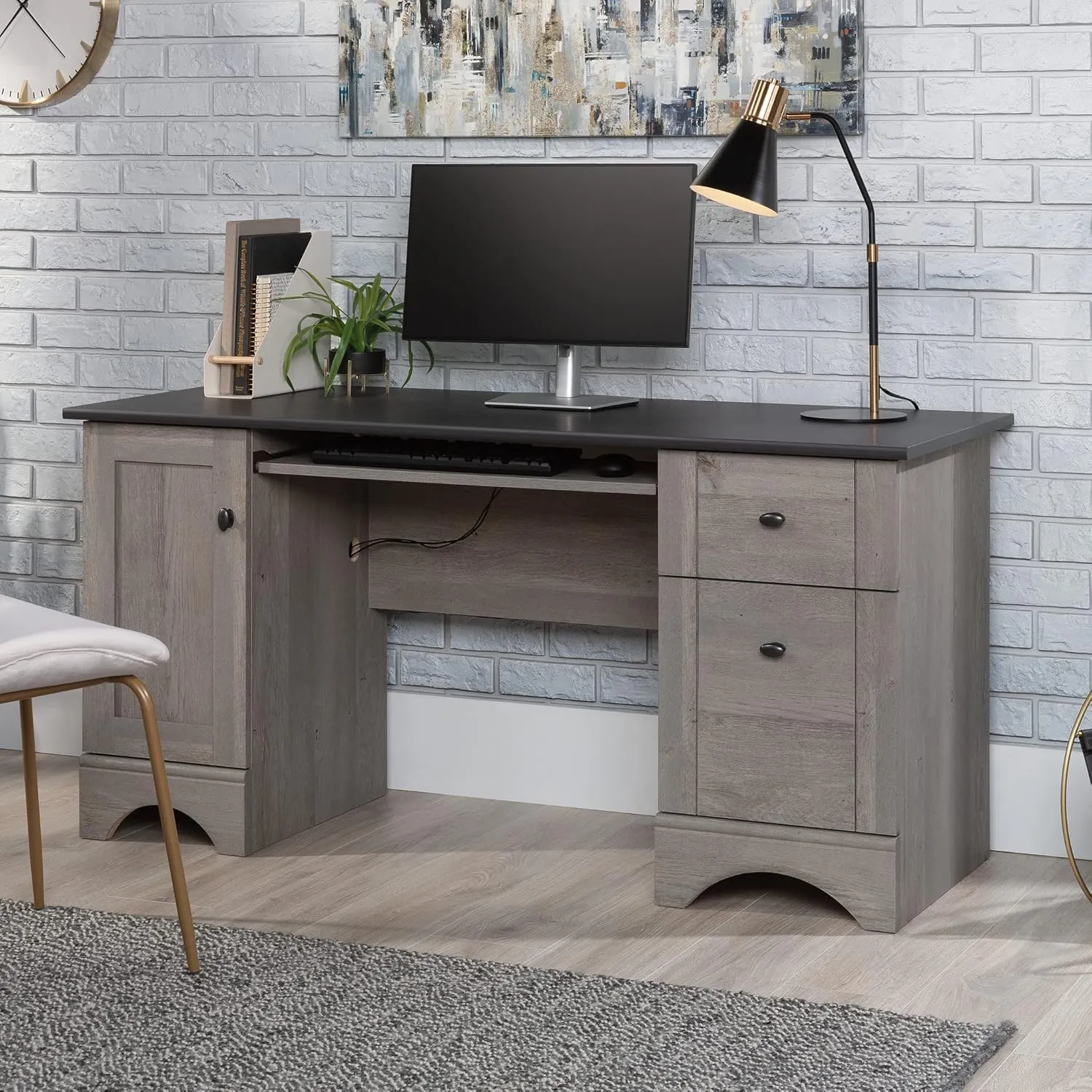 Sauder Miscellaneous Office Computer Desk with Drawers, Mystic Oak Finish