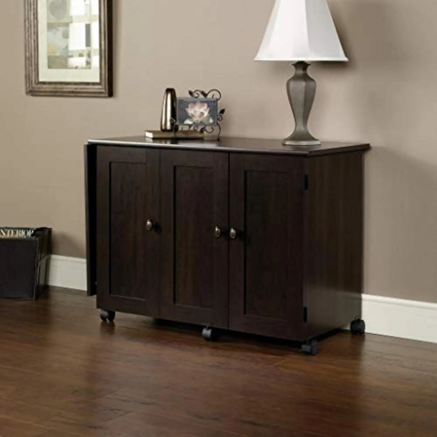 Sauder Miscellaneous Storage Easy Rolling Sewing and Craft Table/Cart/ Pantry cabinets, Cinnamon Cherry finish
