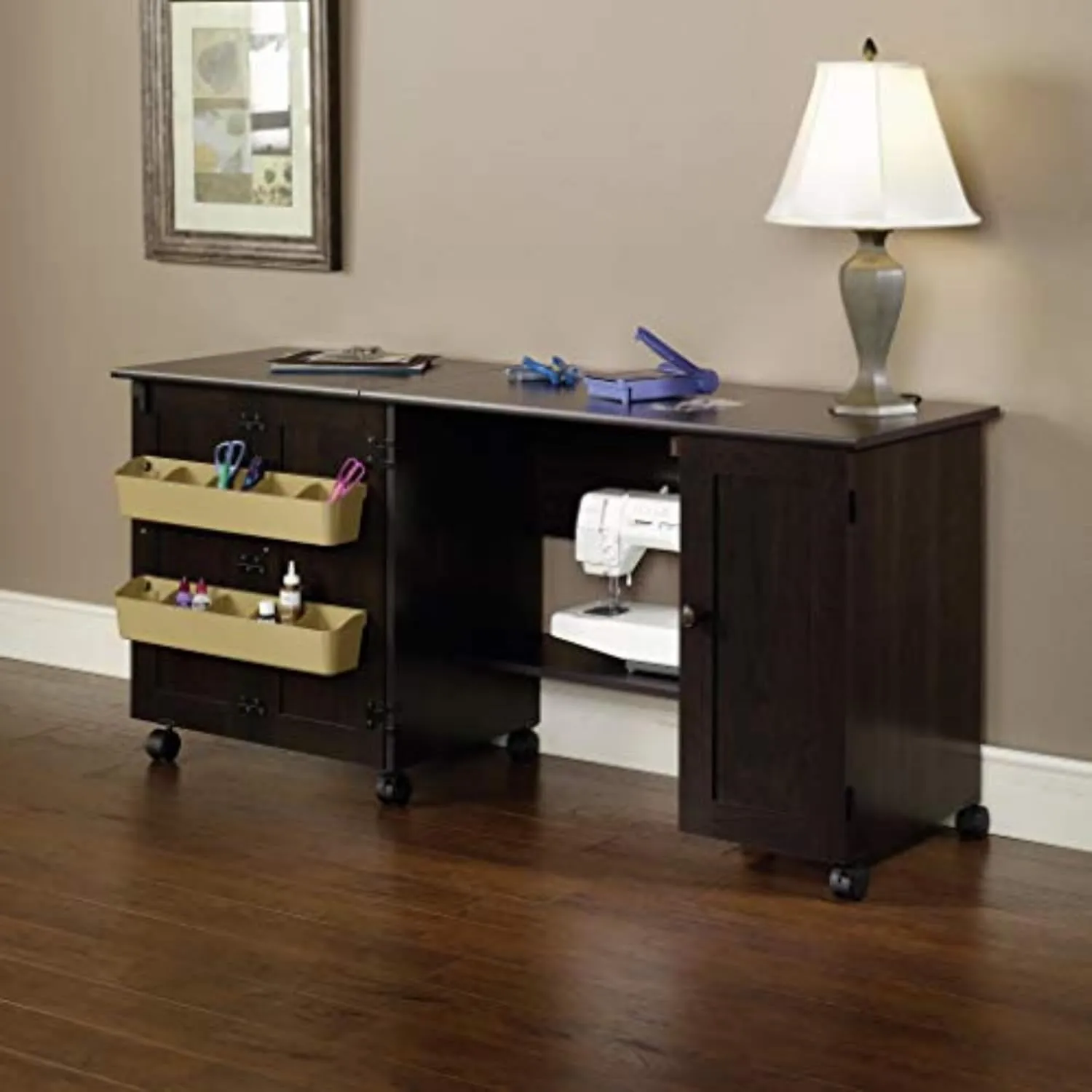 Sauder Miscellaneous Storage Easy Rolling Sewing and Craft Table/Cart/ Pantry cabinets, Cinnamon Cherry finish