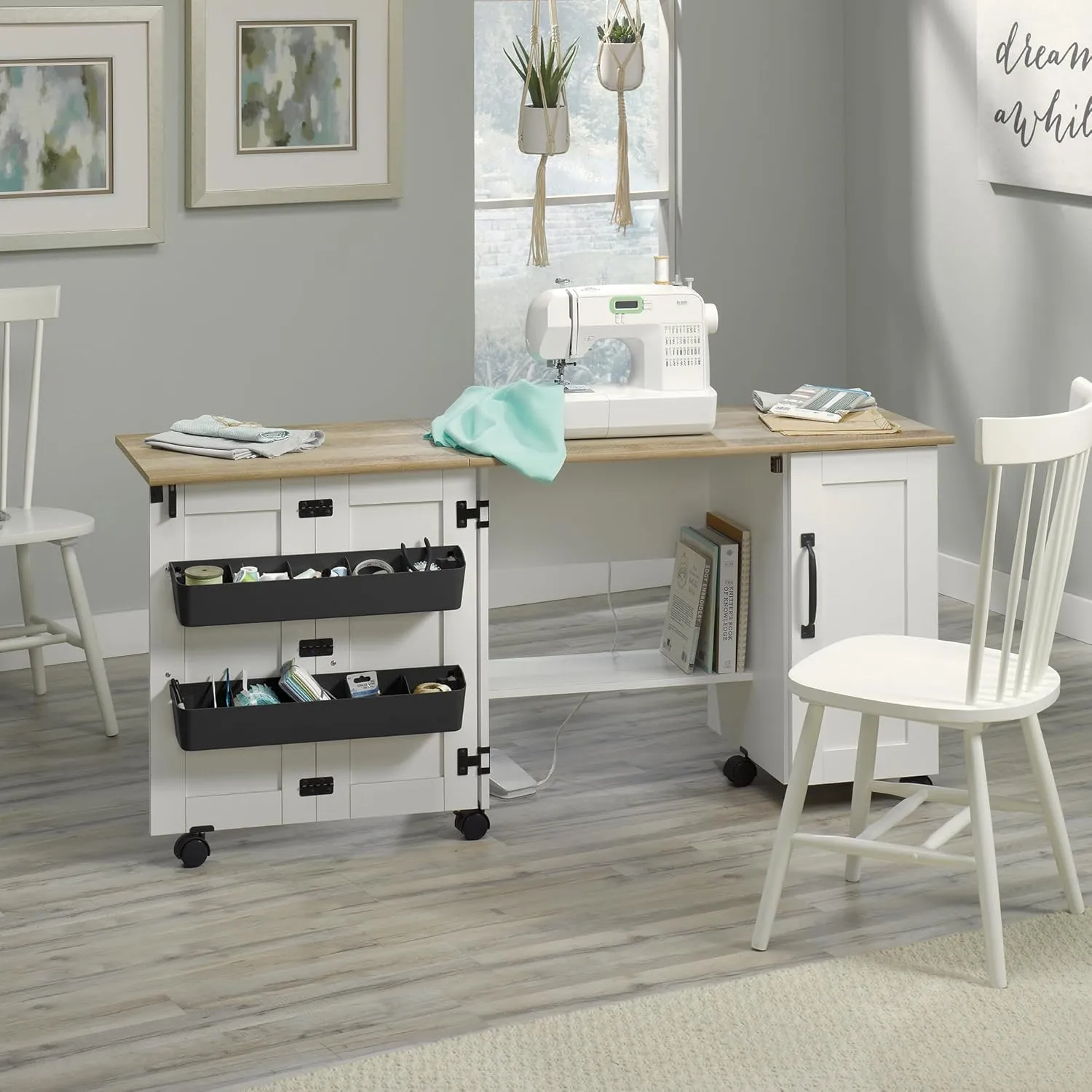Sauder Miscellaneous Storage Sewing Cart, Drop-Leaf Craft Table, Sewing Table with Storage - Soft White Finish