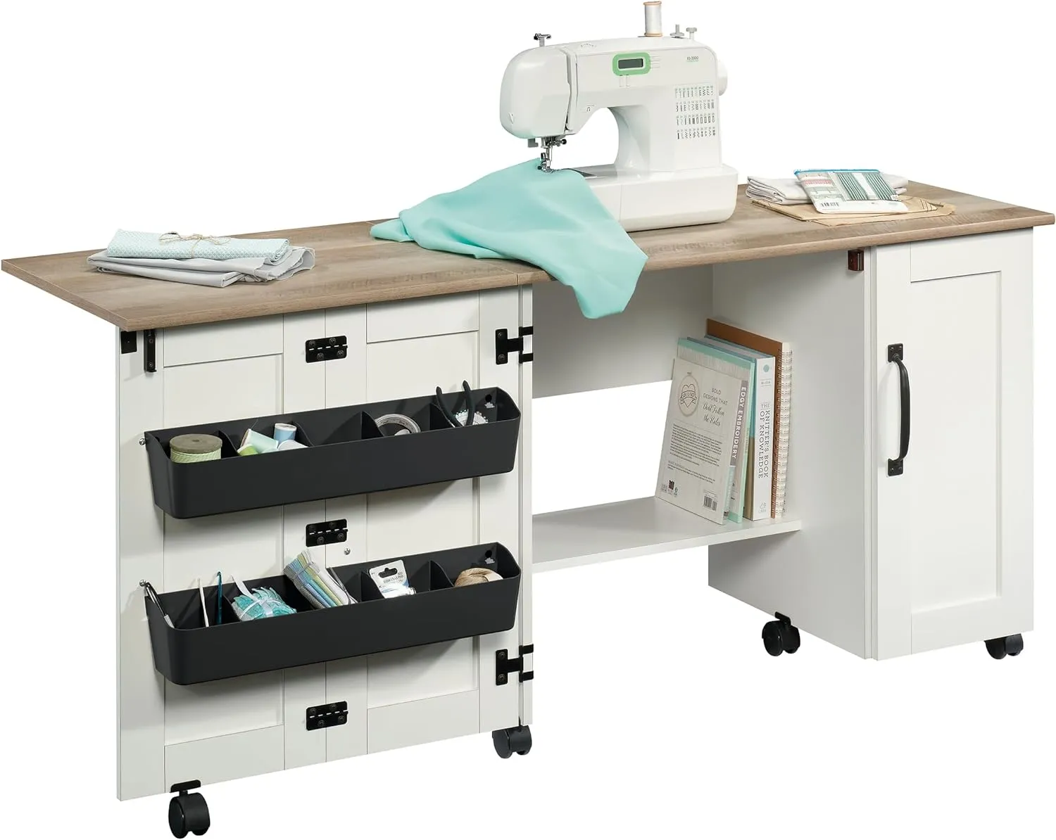 Sauder Miscellaneous Storage Sewing Cart, Drop-Leaf Craft Table, Sewing Table with Storage - Soft White Finish