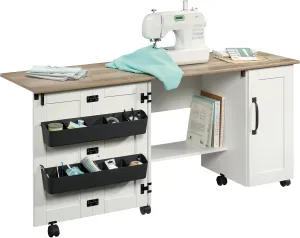 Sauder Miscellaneous Storage Sewing Cart, Drop-Leaf Craft Table, Sewing Table with Storage - Soft White Finish