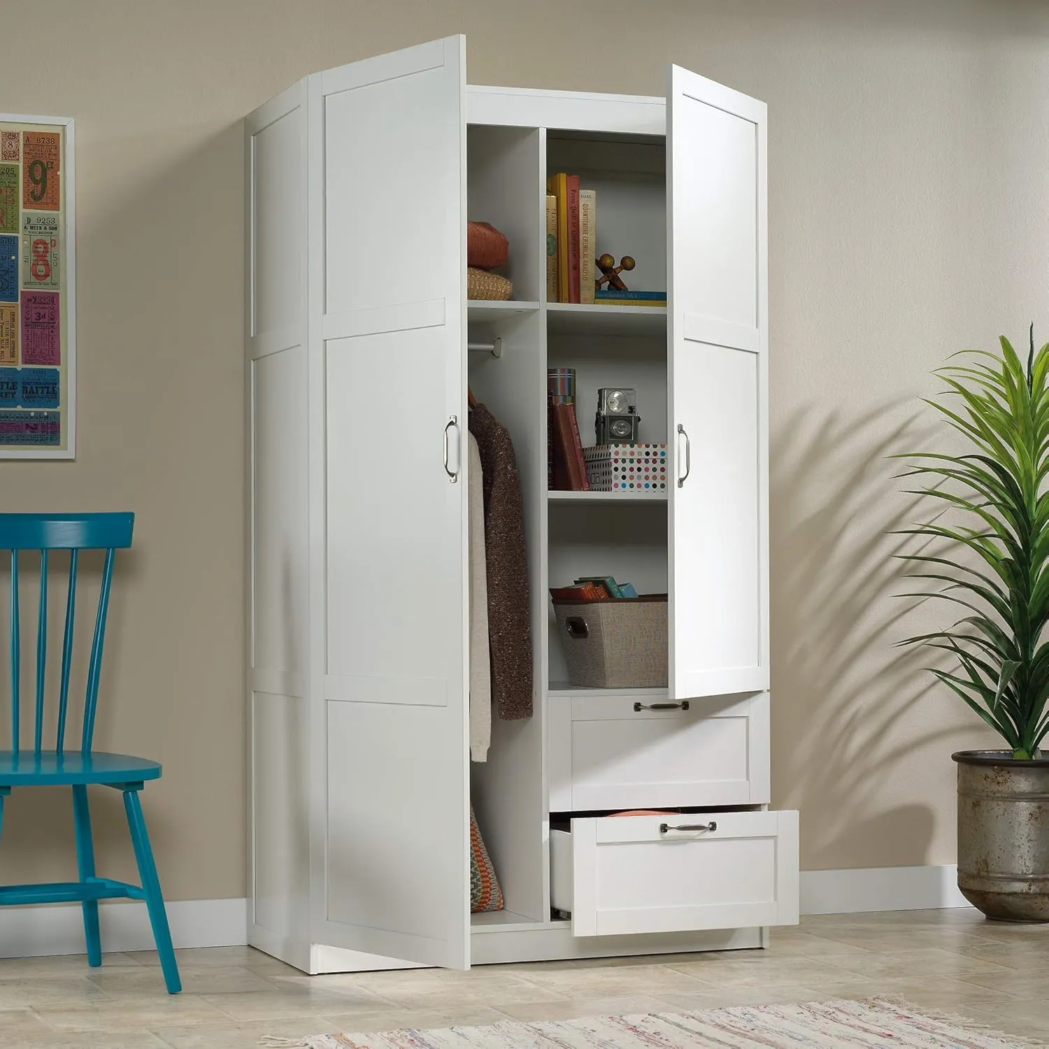 Sauder Miscellaneous Wardrobe/Storage Pantry Cabinet, L: 40.0" x W: 19.45" x H: 71.1", Soft White