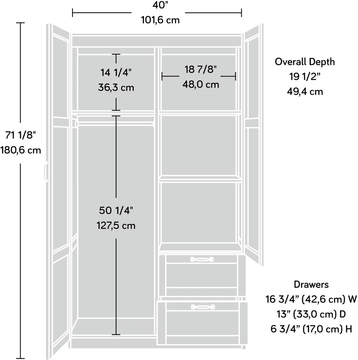 Sauder Miscellaneous Wardrobe/Storage Pantry Cabinet, L: 40.0" x W: 19.45" x H: 71.1", Soft White