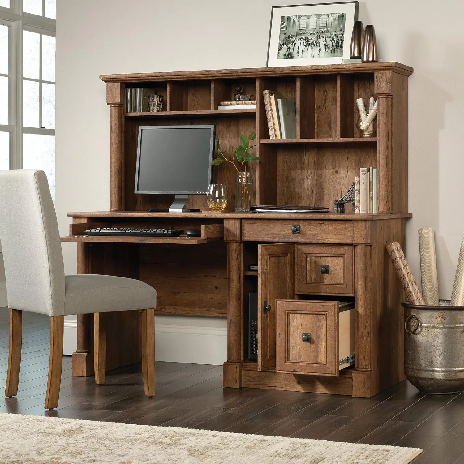 Sauder Palladia Computer Desk with Hutch, Home Office Desk with Drawers, File Cabinet Storage Drawer, Cable Management, Keyboard Tray, in Vintage Oak finish