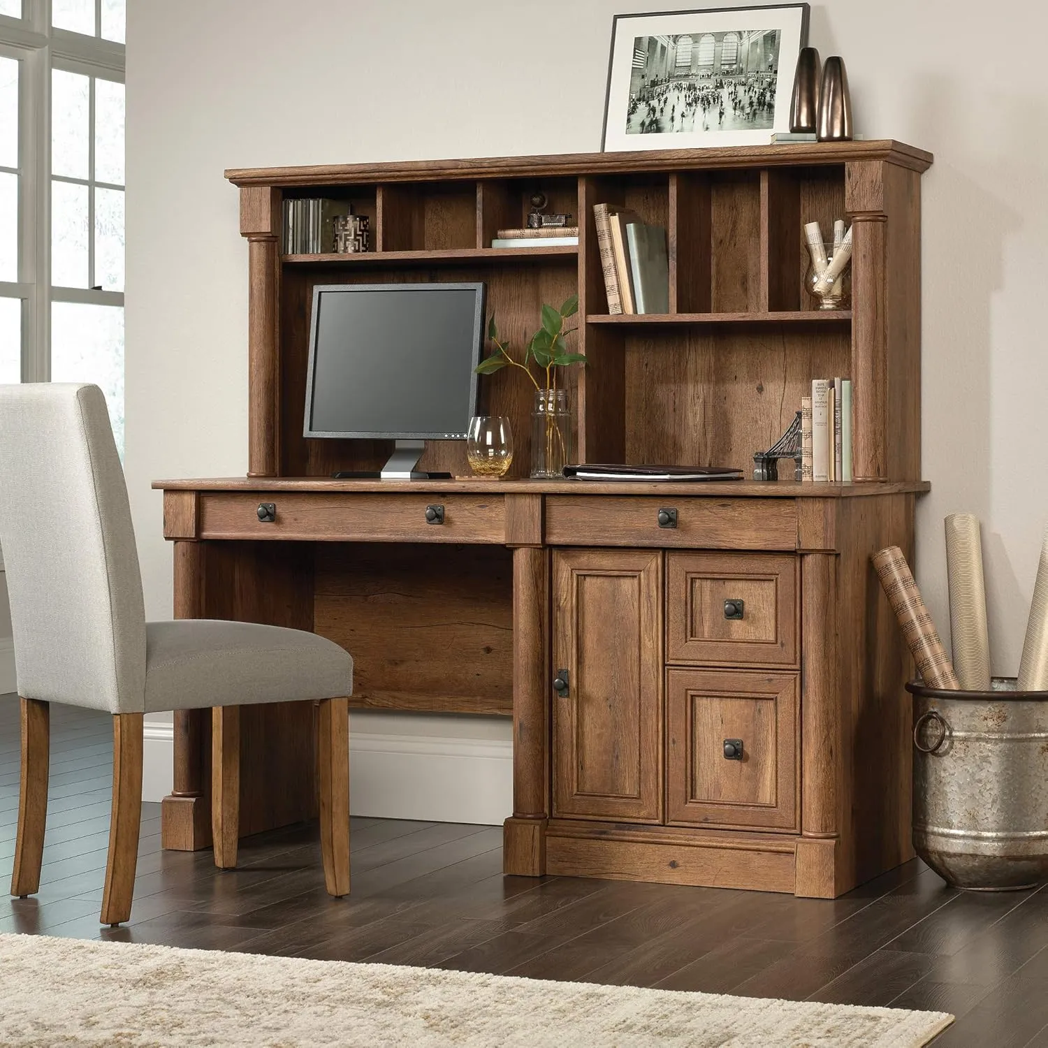 Sauder Palladia Computer Desk with Hutch, Home Office Desk with Drawers, File Cabinet Storage Drawer, Cable Management, Keyboard Tray, in Vintage Oak finish